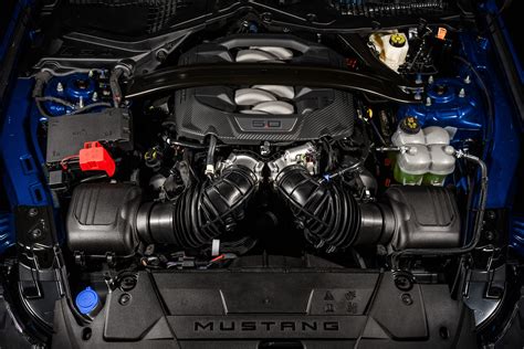 Close-up of the 5.0L Coyote V8 engine in a 2012 Ford Mustang GT