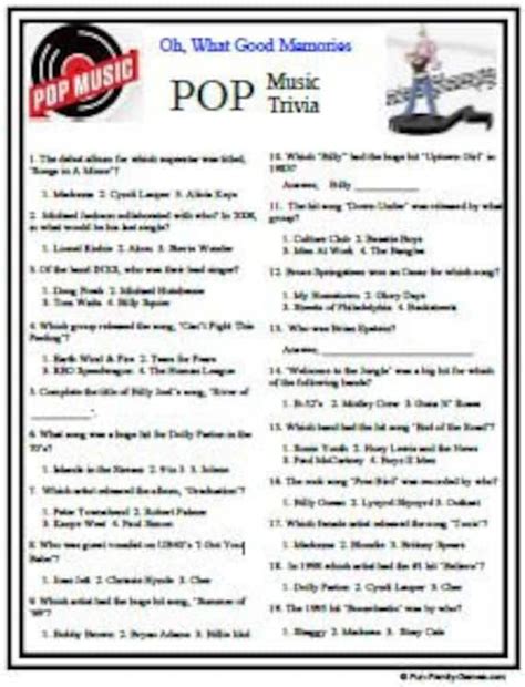 2017-2018 Pop Music Trivia Questions For Kids Printable