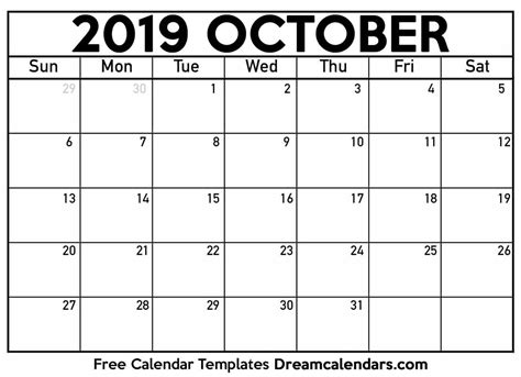 2019 October Calendar Printable
