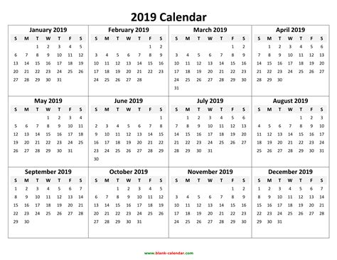 2019 Yearly Calendar Free Printable