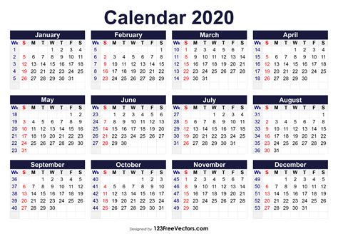 2020 Calendar Showing Weeks