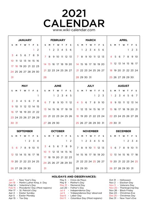 2021 USA Calendar Printable One Page