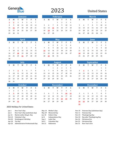 2023 Calendar with Federal Holidays Printable