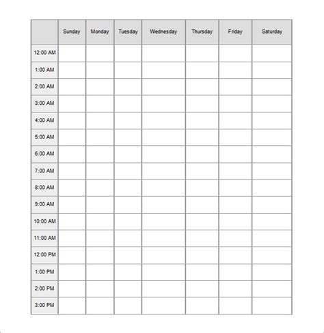 24 Hour Timetable Template