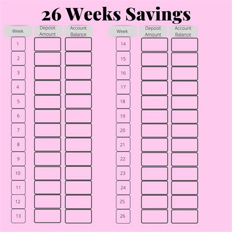 26 Week Savings Challenge Free Printable