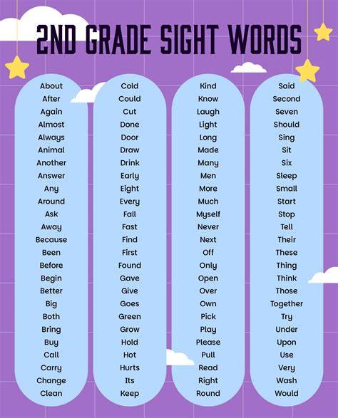2nd Grade Printable Second Grade Sight Words