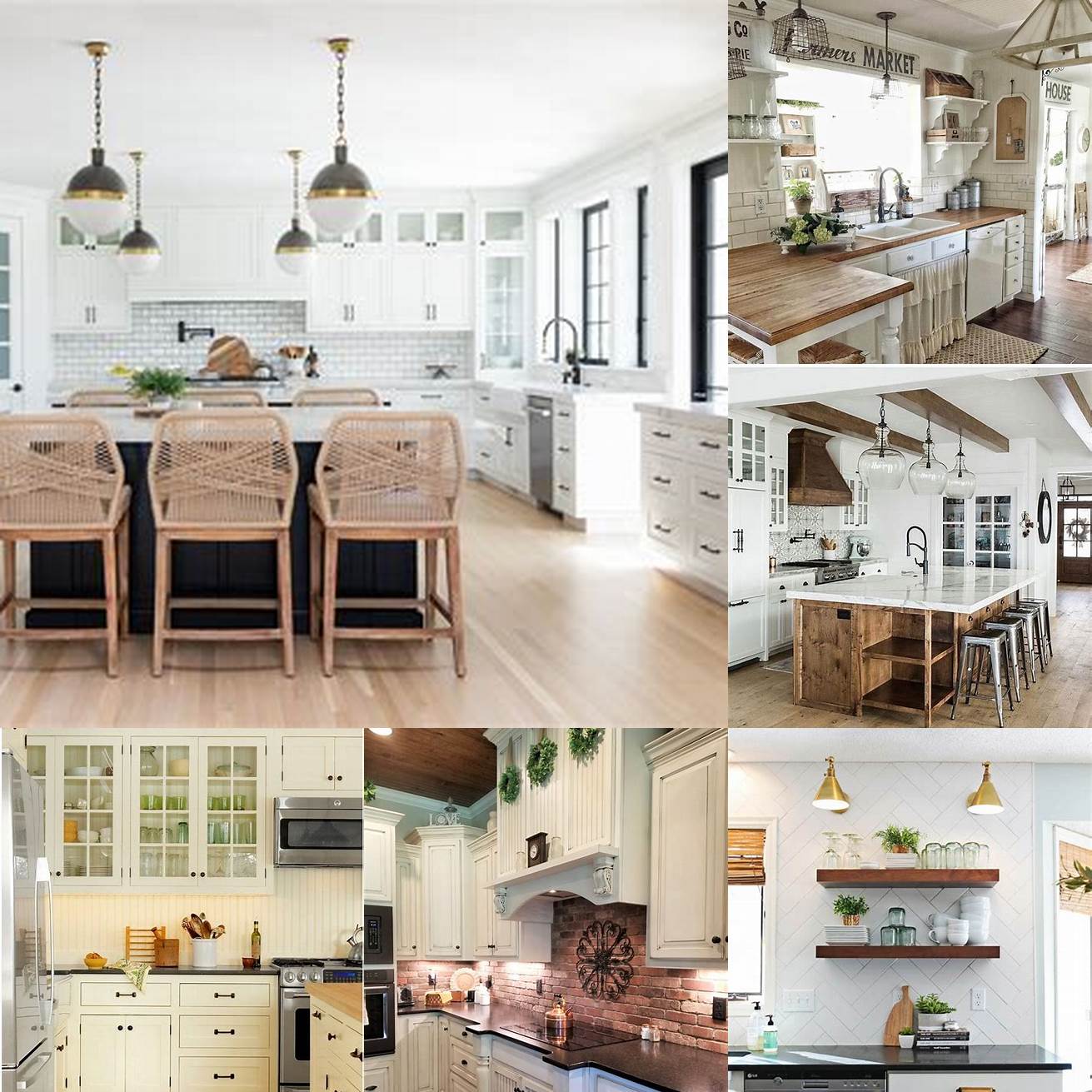 3 Farmhouse Chic - A bright and airy kitchen with white cabinets open shelving and a patterned tile backsplash The wooden accents and colorful dishes add personality and warmth