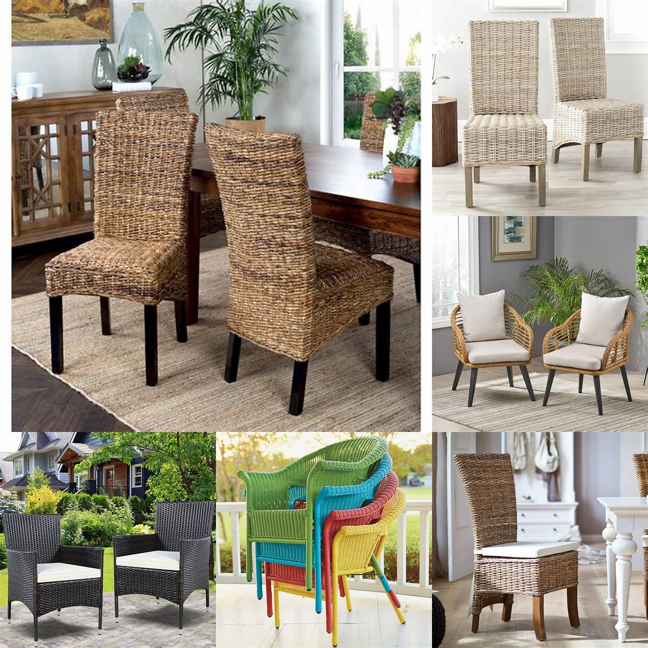 3 Wicker dining chairs with colorful cushions