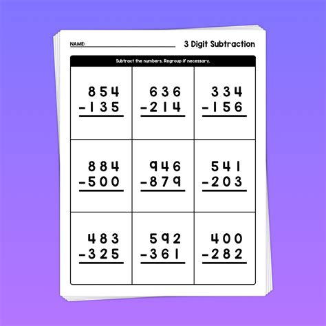 3 Digit Subtraction With Borrowing Games Printable