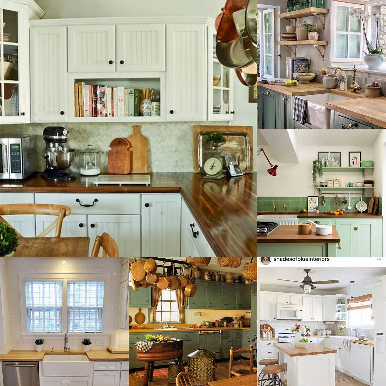 4 Cozy Cottage - A compact kitchen with wooden cabinets a butcher block countertop and vintage-style appliances The floral wallpaper and ceramic dishes add a touch of whimsy