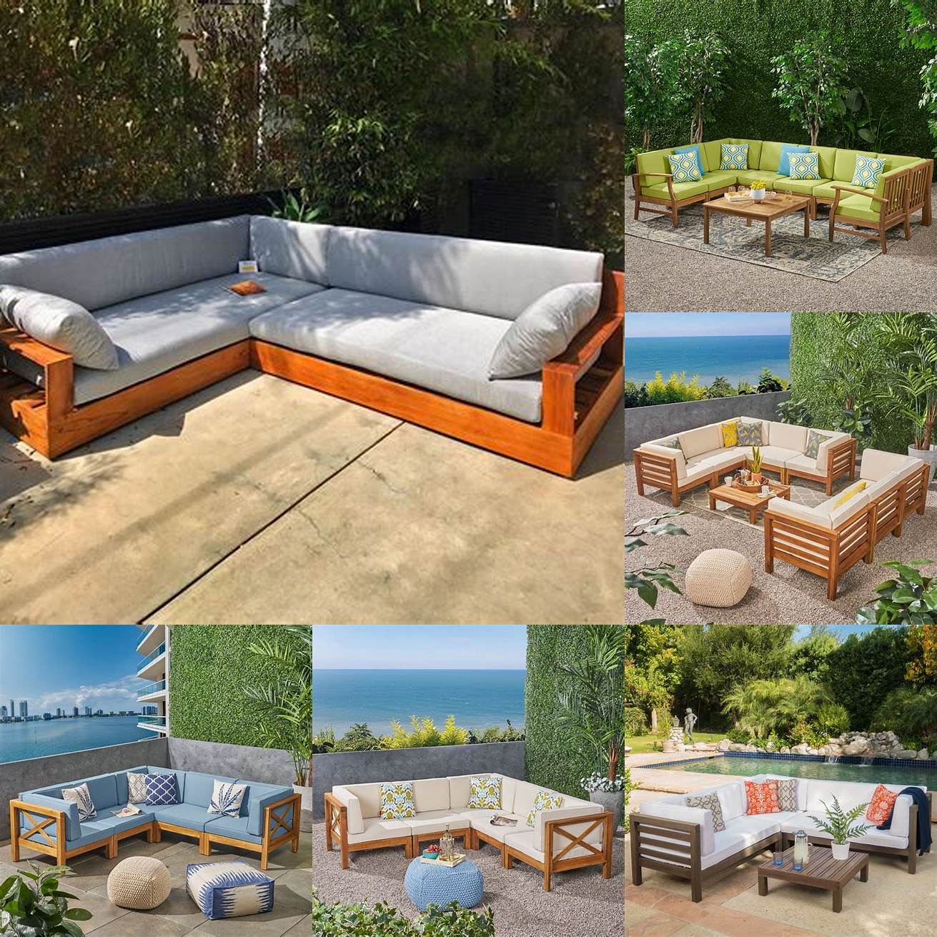 4 Teak outdoor furniture sectional deep cushions on a deck