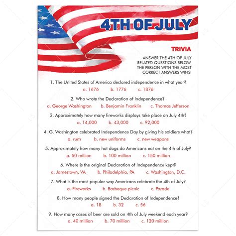 4th Of July Trivia Questions Printable