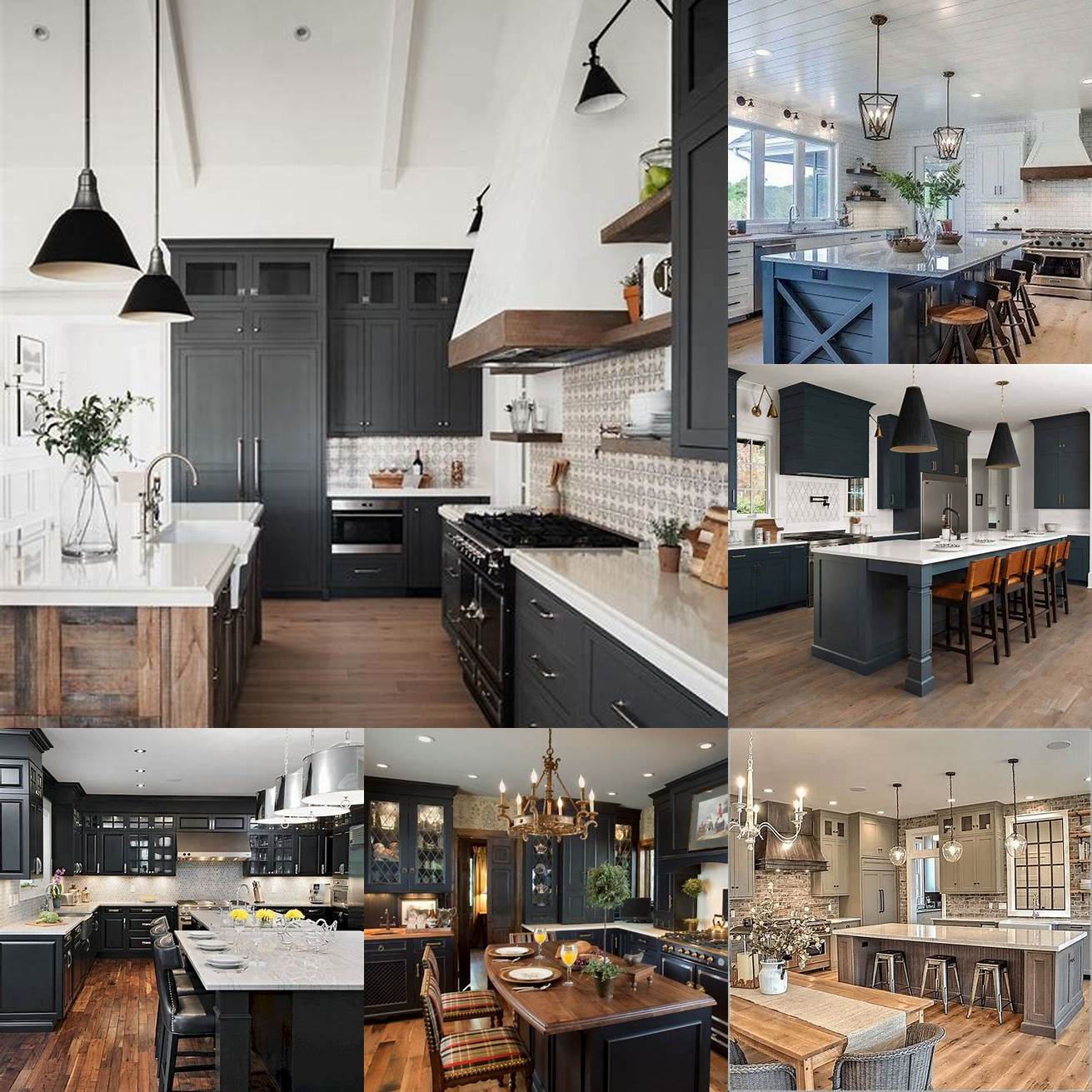 5 Modern Farmhouse - A sleek and stylish kitchen with black cabinets marble countertops and industrial-style lighting The wooden accents and farmhouse sink add a touch of rustic charm