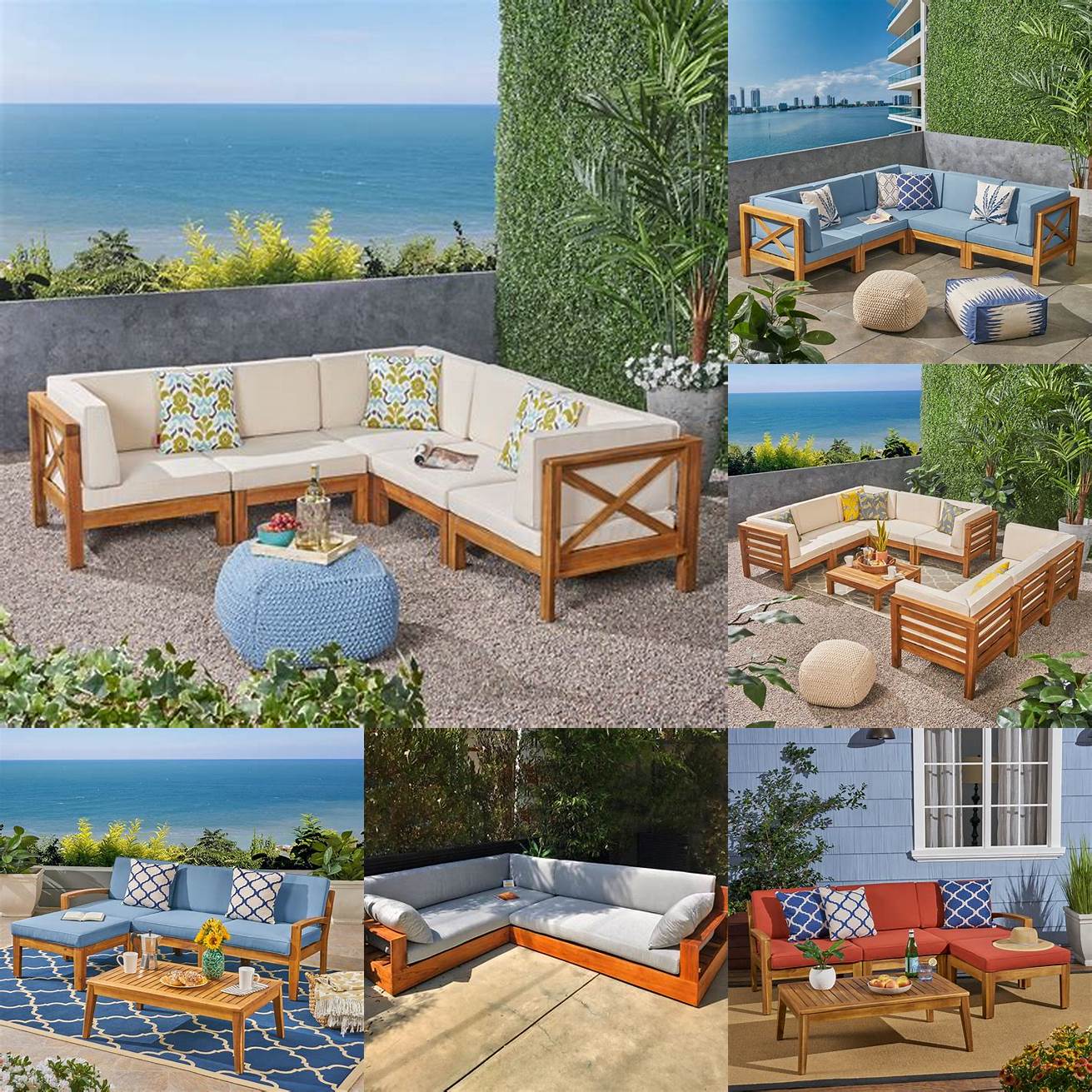 5 Teak outdoor furniture sectional deep cushions in a beach house