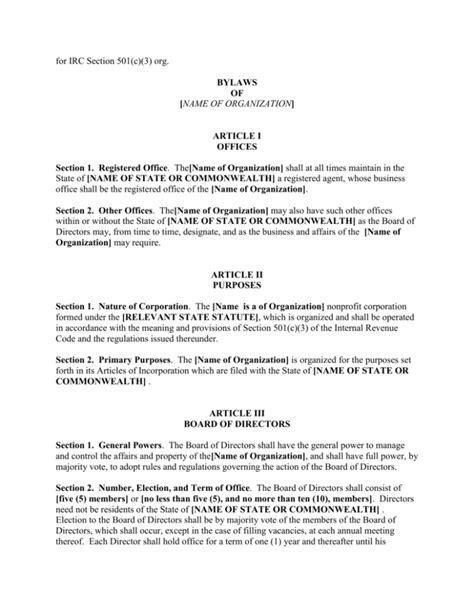 501c3 Bylaws Template
