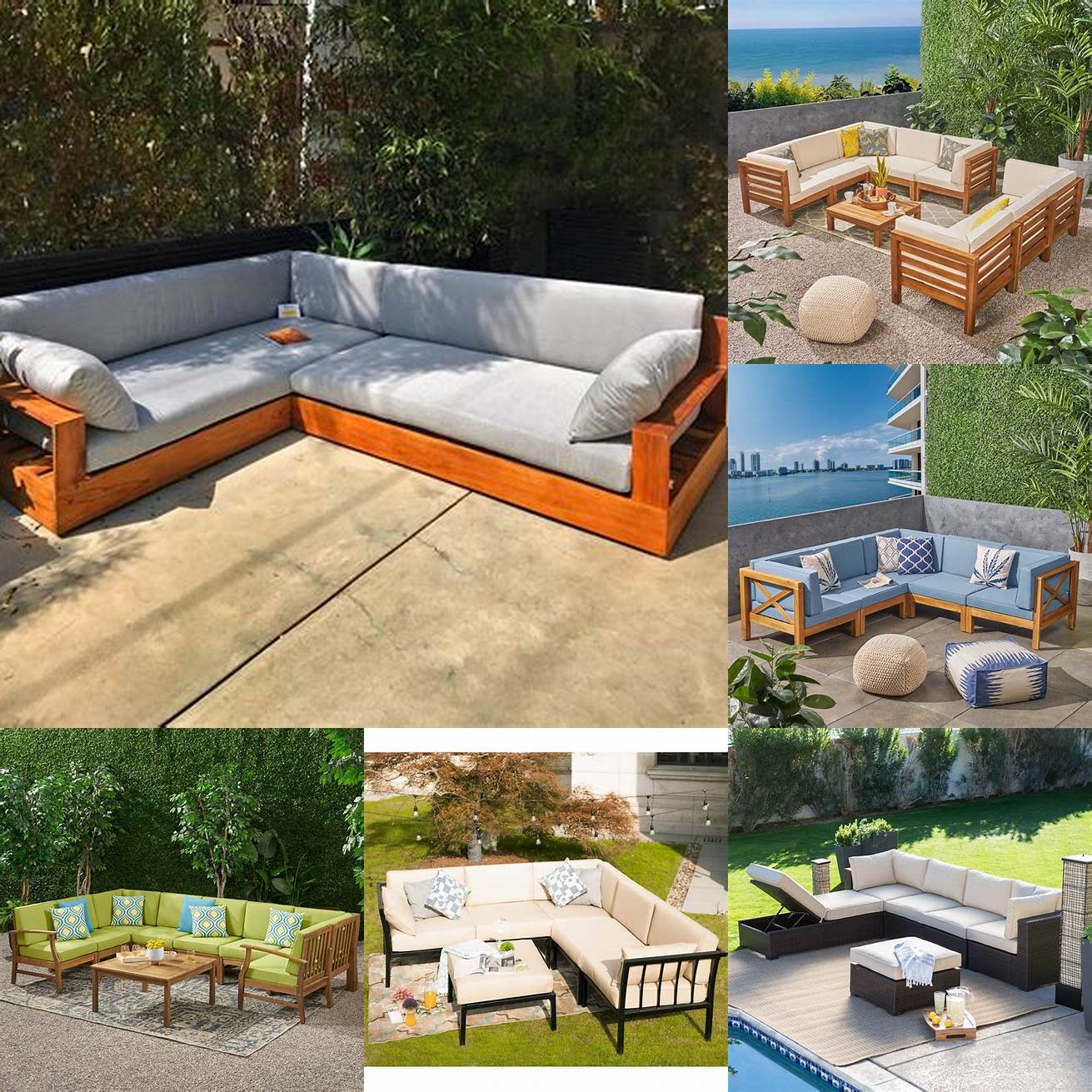 6 Teak outdoor furniture sectional deep cushions in a modern home