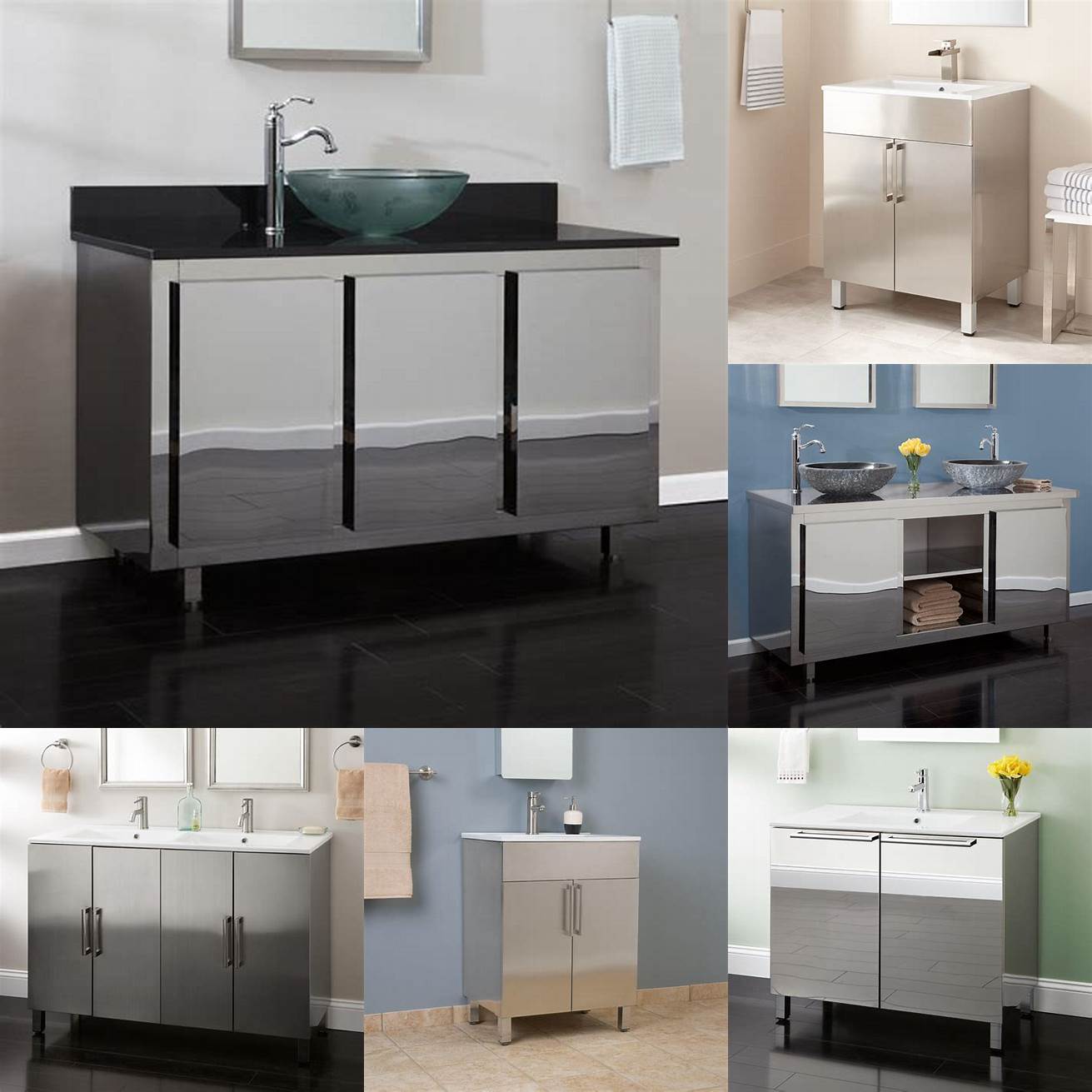 6 This stainless steel vanity adds a modern touch to this sleek bathroom with its brushed finish and closed storage