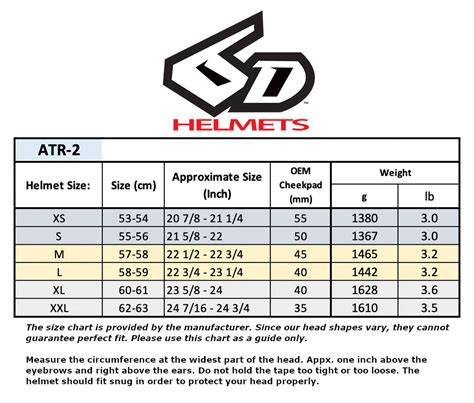 6d Helmet Size Chart