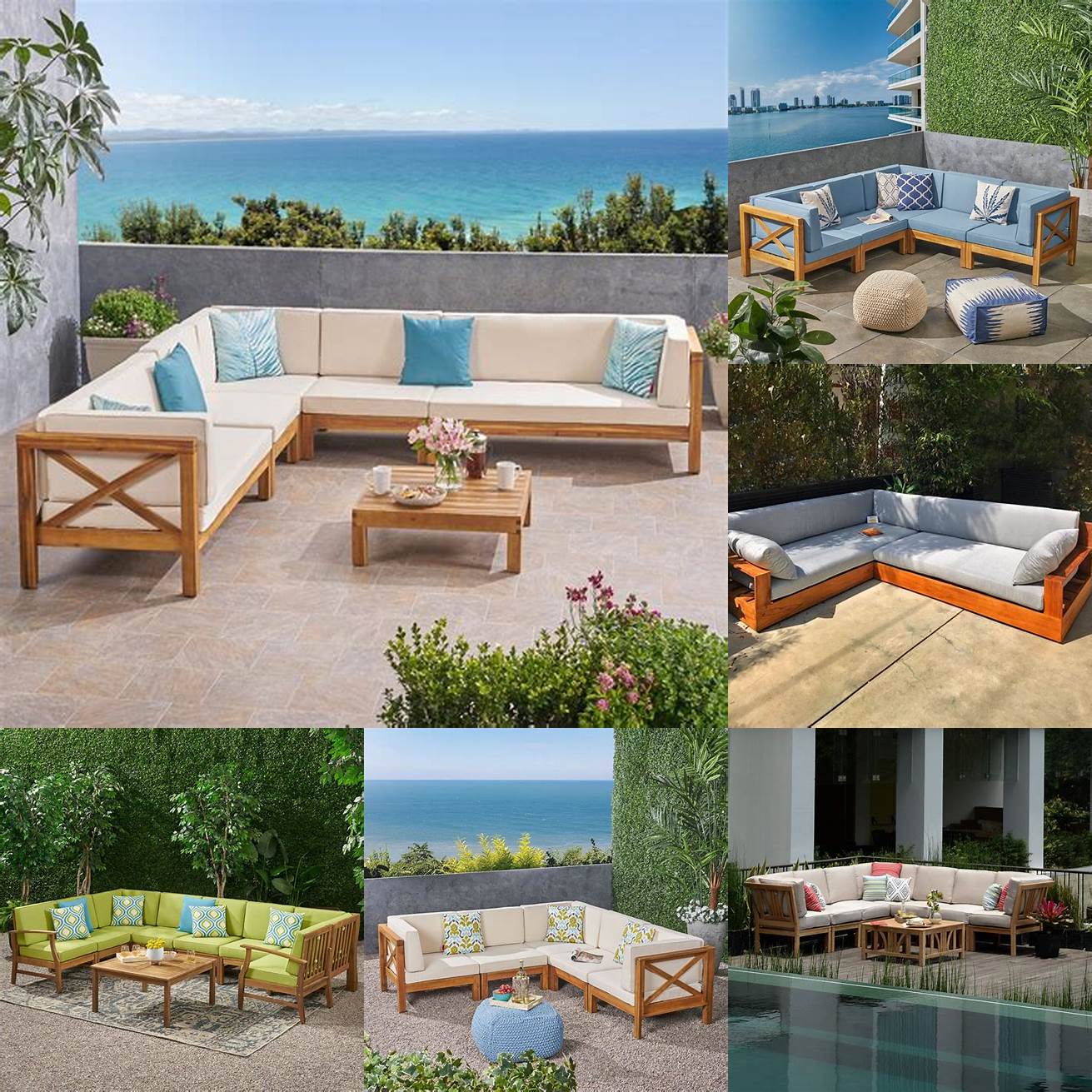 7 Teak outdoor furniture sectional deep cushions on a balcony