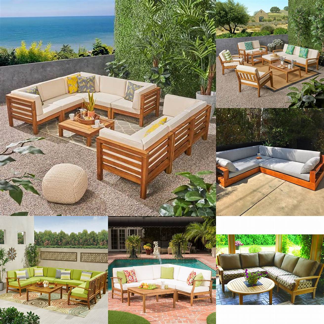 9 Teak outdoor furniture sectional deep cushions in a country home