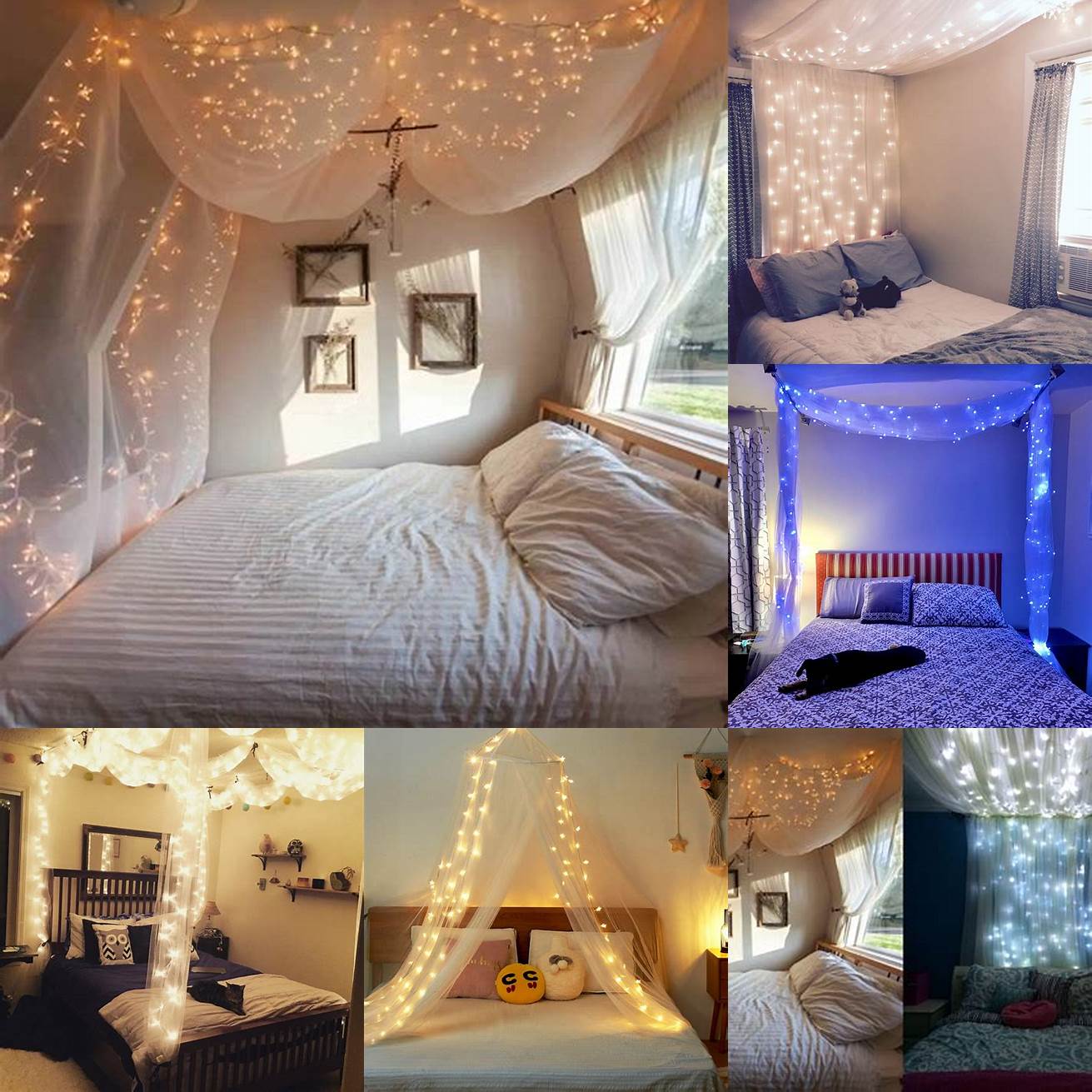 A bed without a headboard with a canopy and string lights