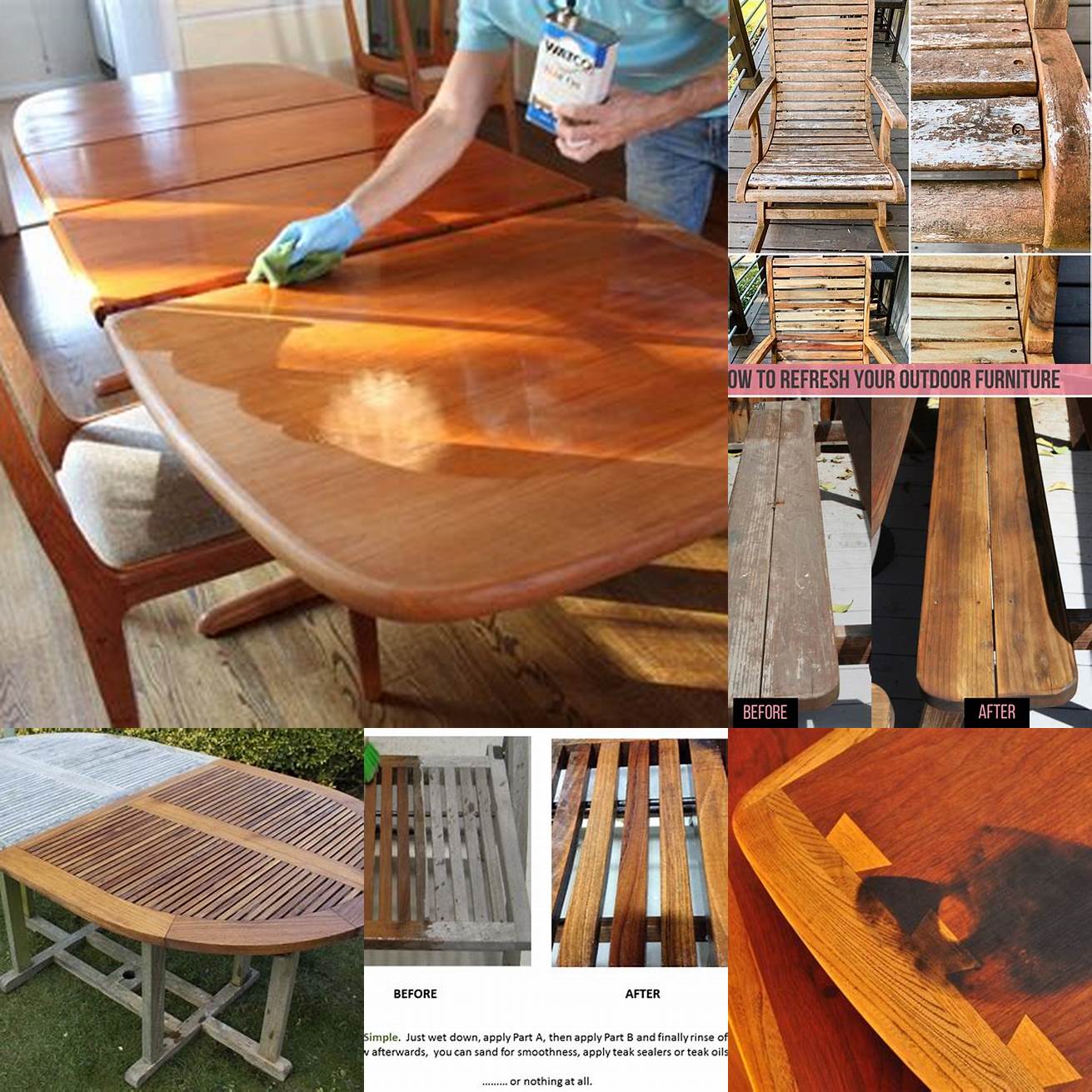 A before and after of teak furniture that has been oiled