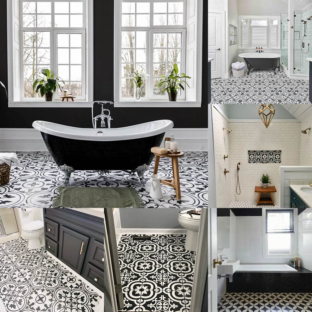 A black and white bathroom with a patterned floor tile and a brass showerhead