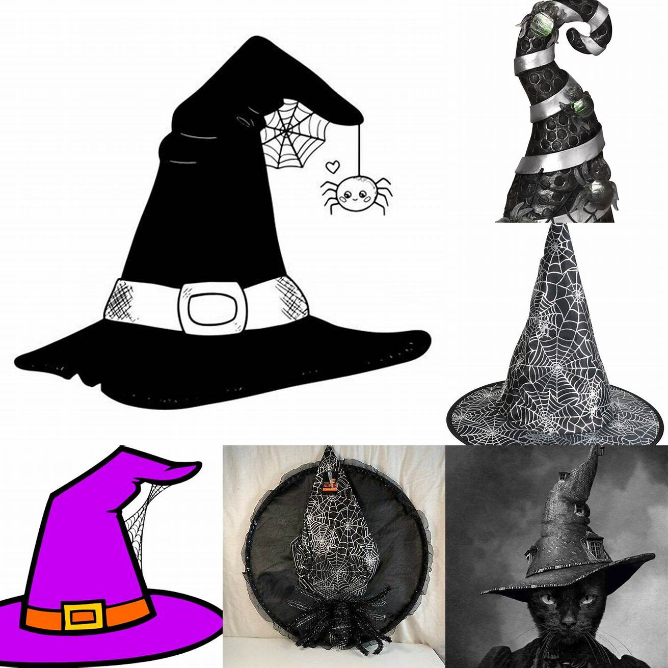 A black witch hat with a spider web design
