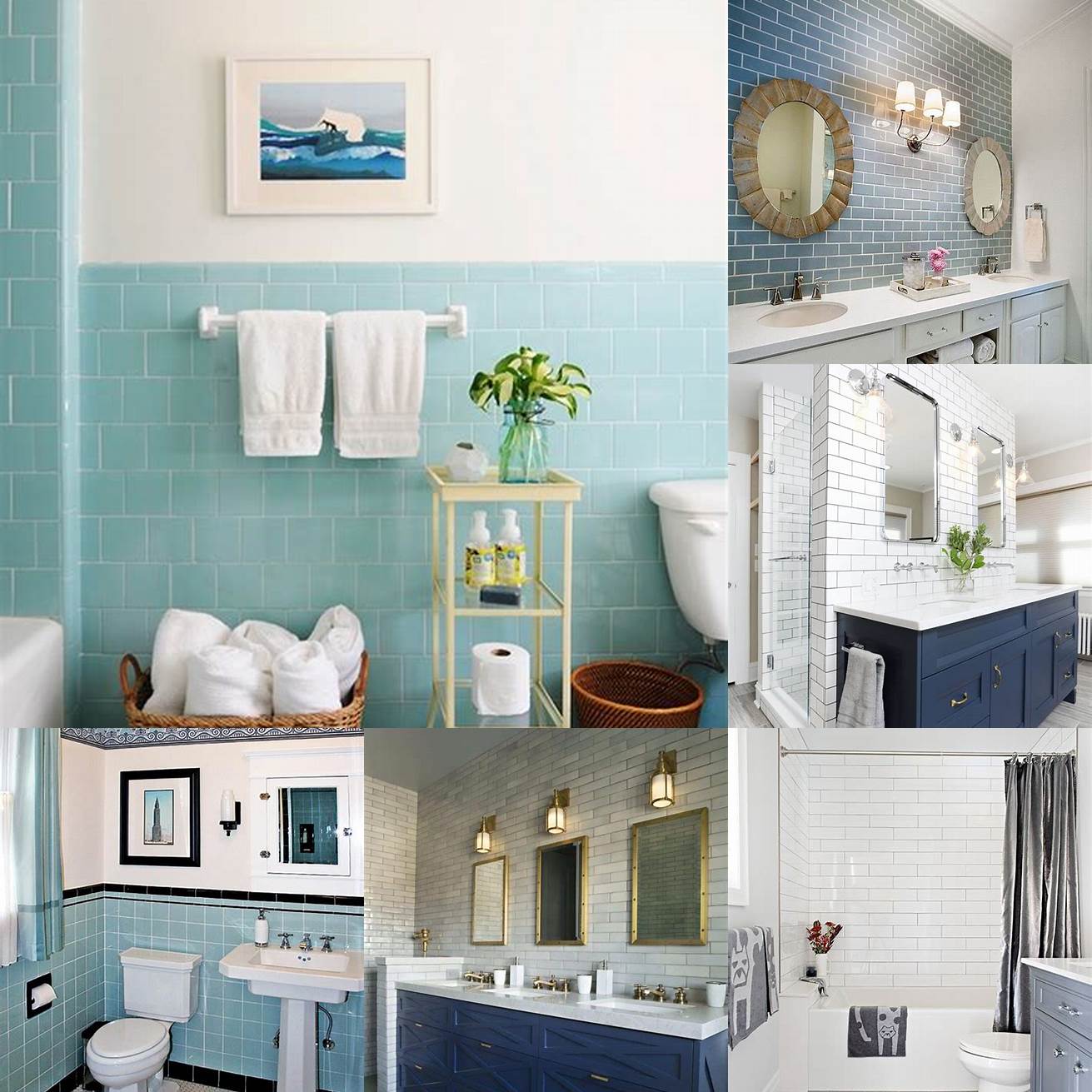 A blue bathroom with a subway tile wall and a vintage-inspired vanity