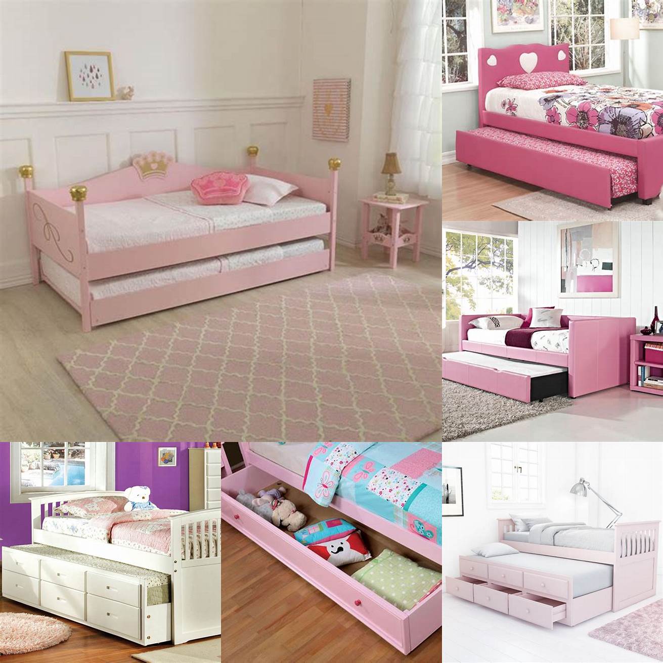 A charming white wooden trundle bed with pink bedding and floral accents is perfect for a little girls room