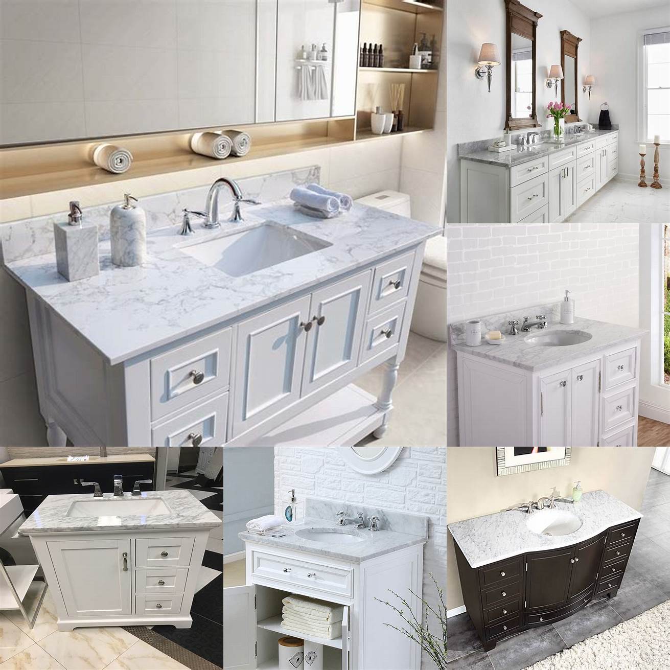 A classic white marble bathroom vanity with a matching marble top