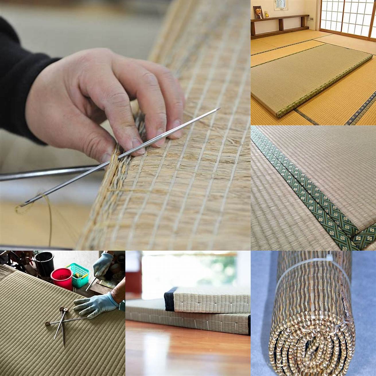 A close-up of the weaving process used to make tatami mats