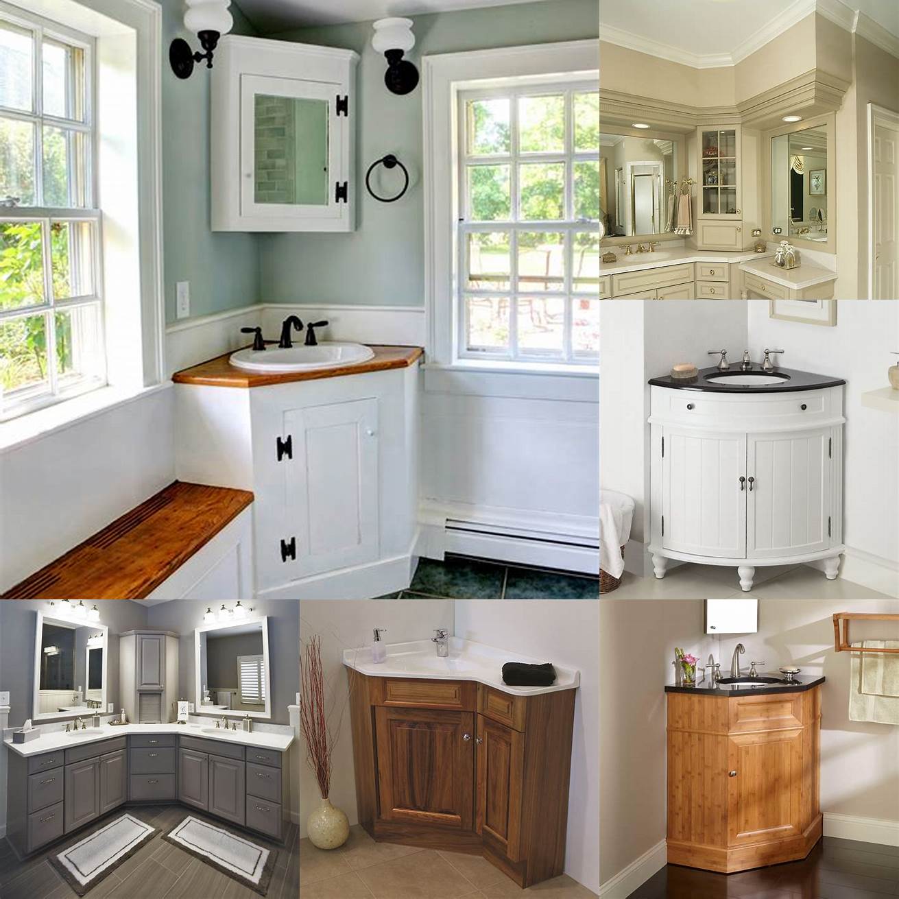 A corner sink vanity with cabinets is great for storing bathroom essentials