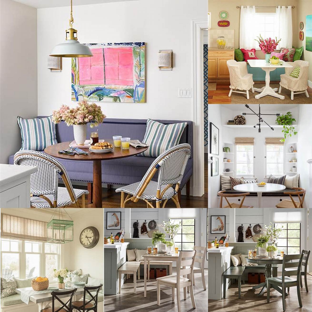 A cozy breakfast nook with a vintage table and mismatched chairs