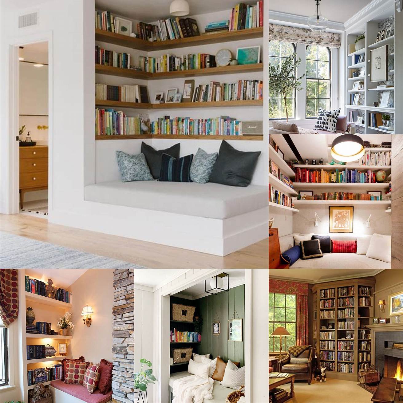 A cozy reading nook with bookshelves