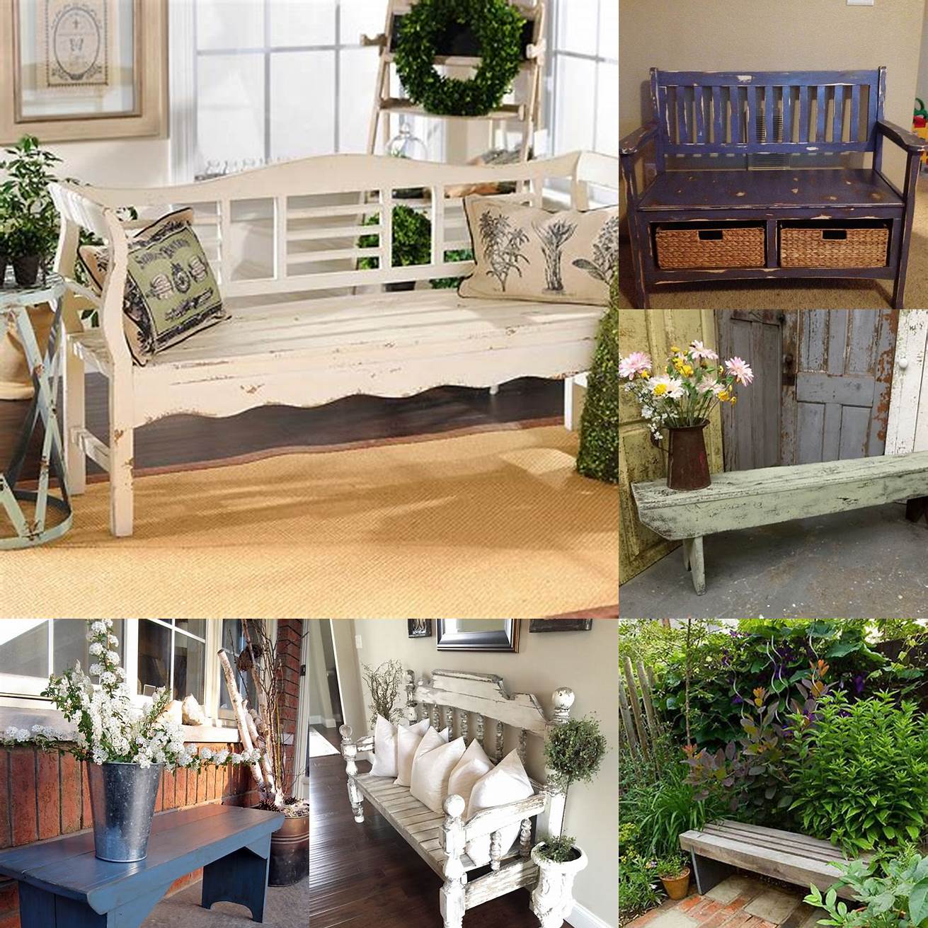 A distressed bench used to create a cozy seating area or display favorite flowers and plants