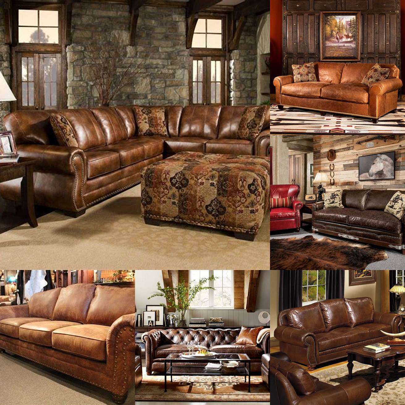 A distressed leather sofa in a rustic living room