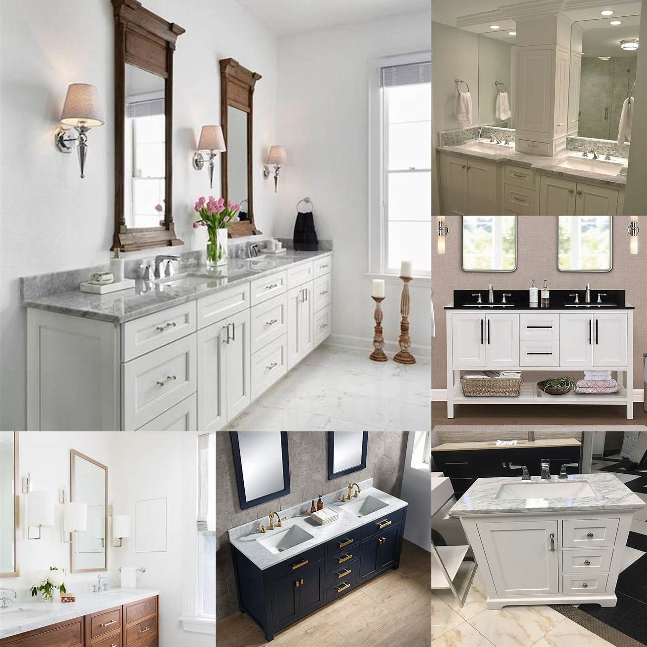 A double white vanity with marble countertops and plenty of drawer space