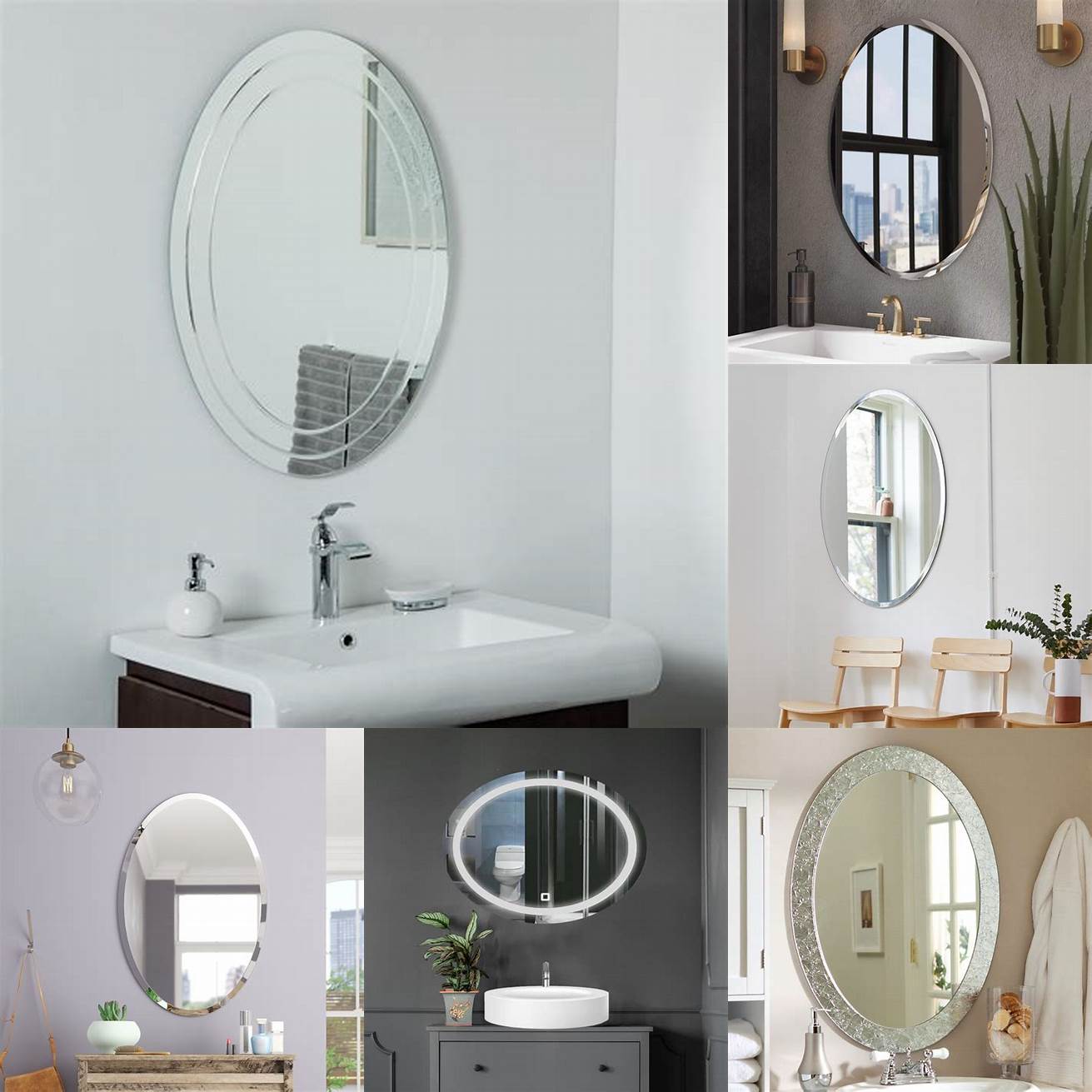 A frameless oval mirror with adhesive installation