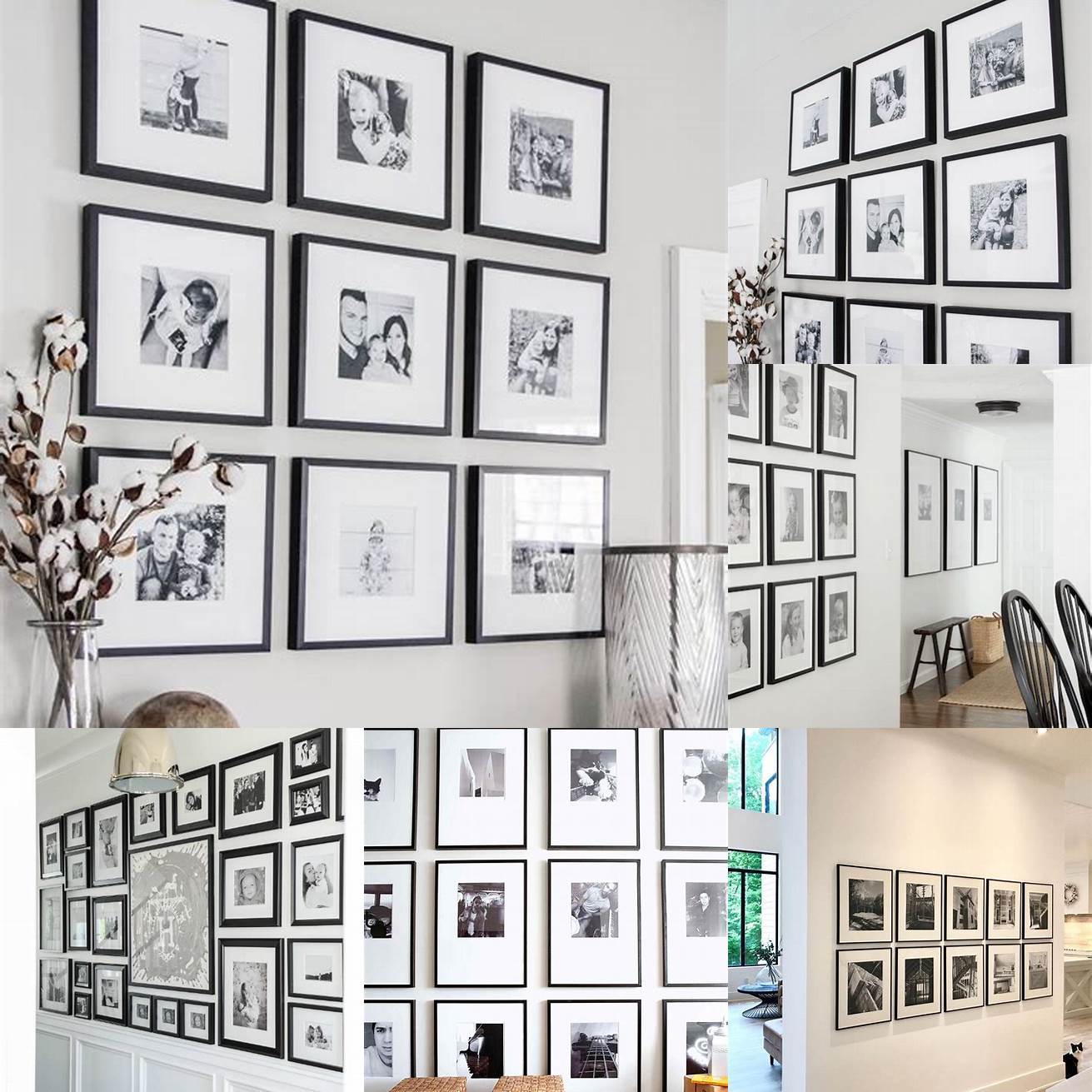 A gallery wall of black and white photos