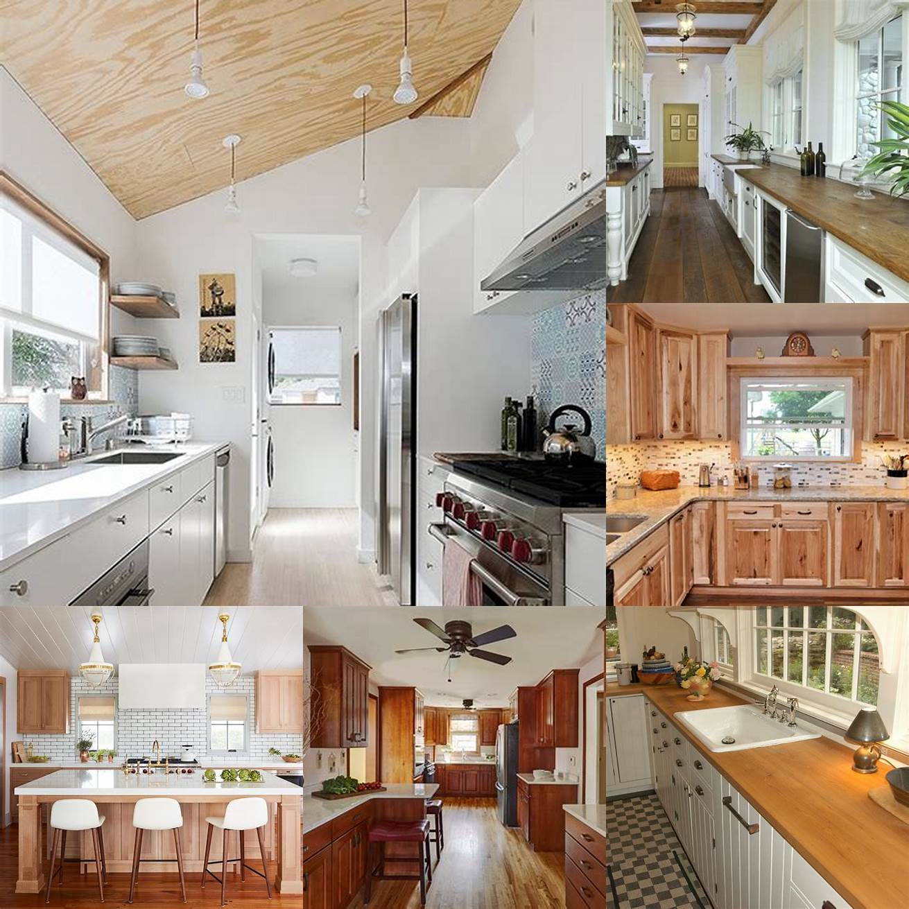 A galley kitchen with wood countertops creates a warm and natural look
