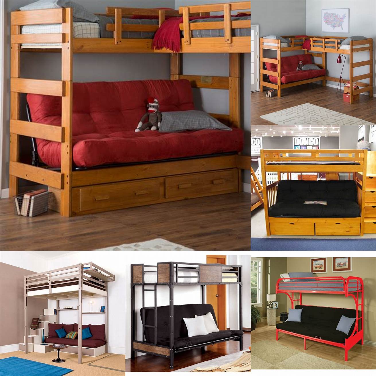 A loft bed with a futon underneath that can be used for seating or as an extra bed