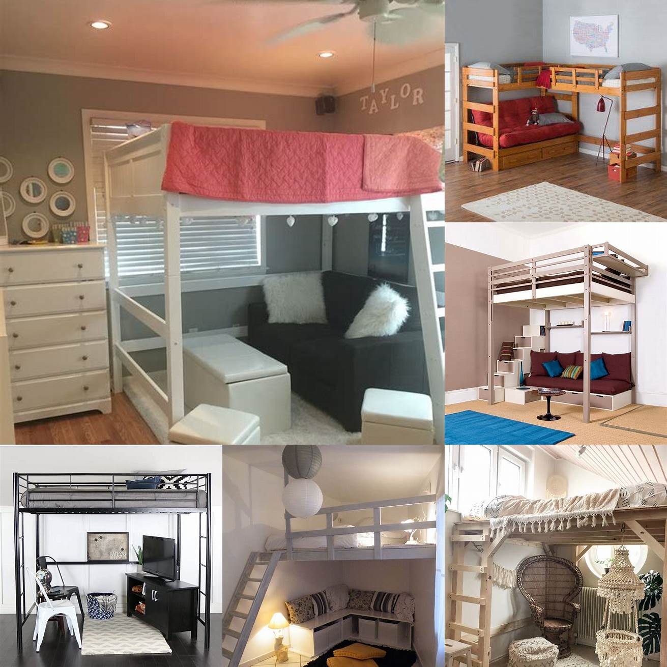 A loft bed with a seating area underneath for relaxing or entertaining