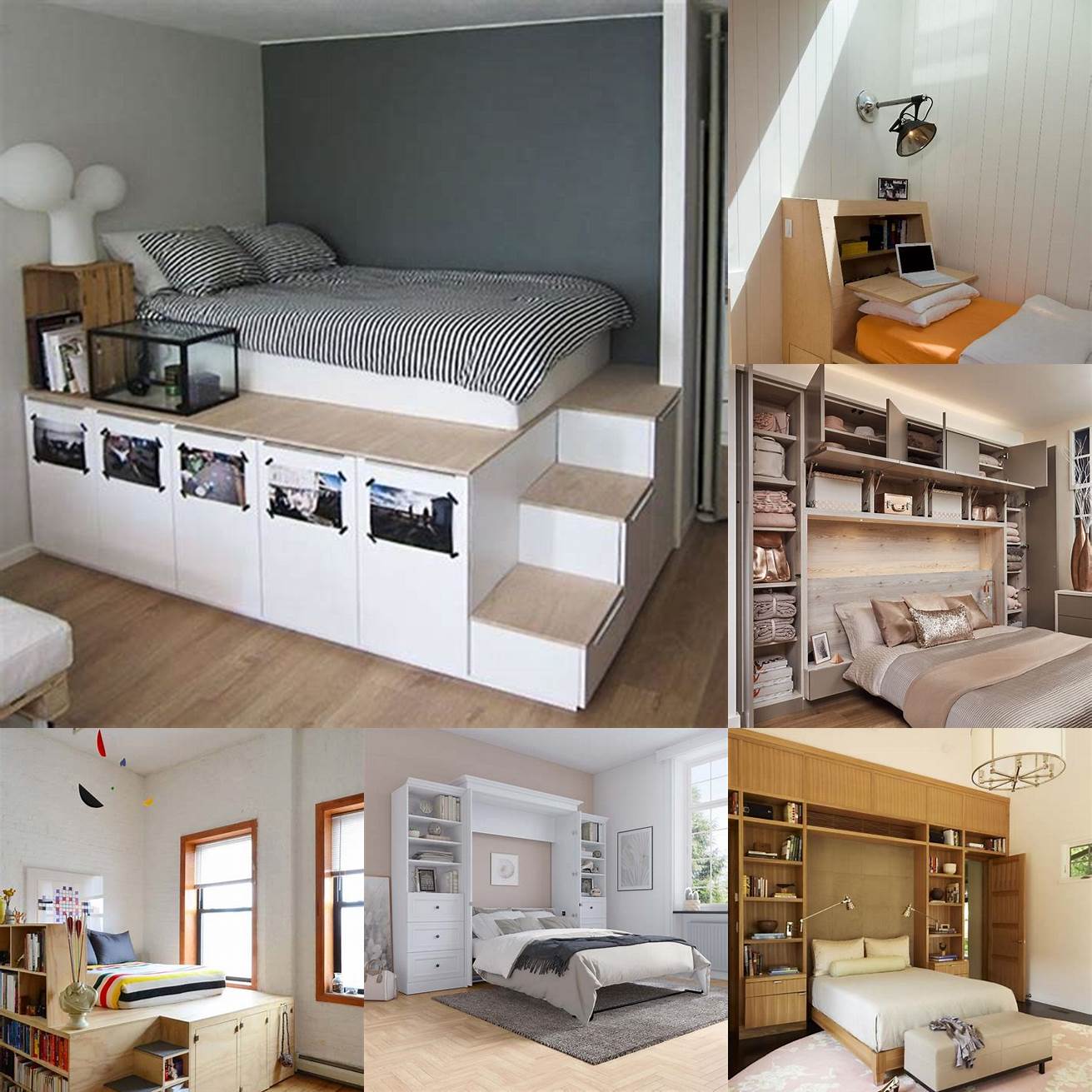 A low profile bed with built-in storage to maximize space in a small bedroom