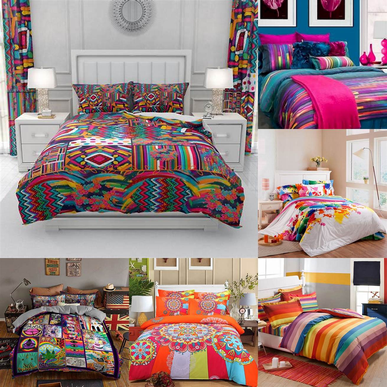 A low profile bed with colorful bedding and fun accessories