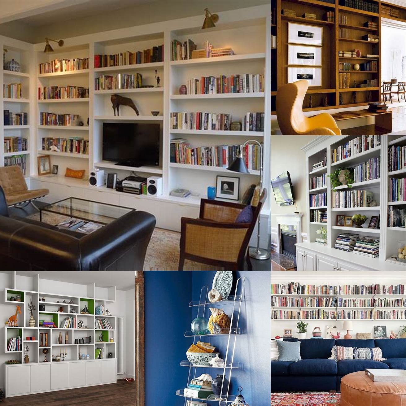 A lucite bookshelf in a modern living room