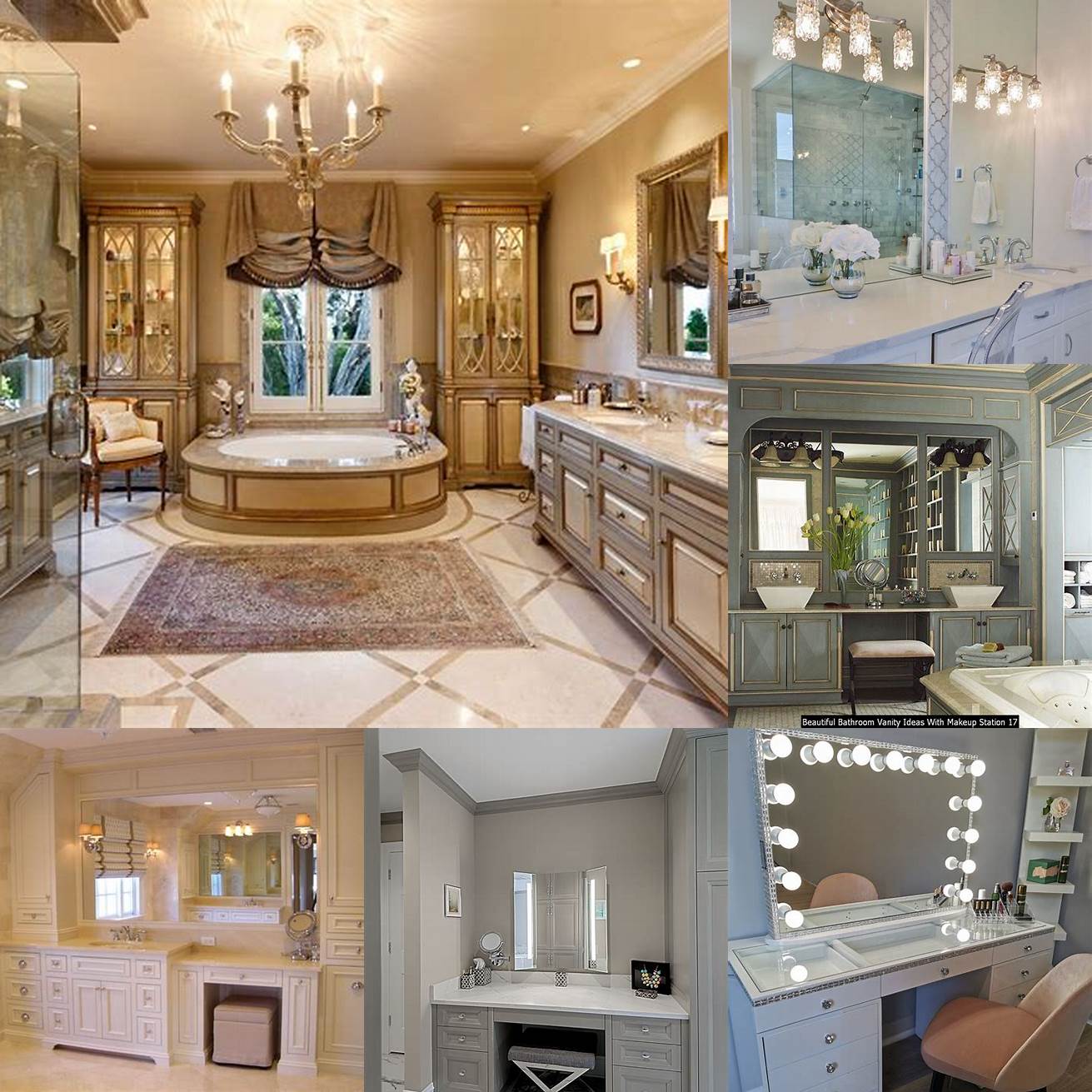 A luxurious bathroom vanity with makeup station and a crystal chandelier