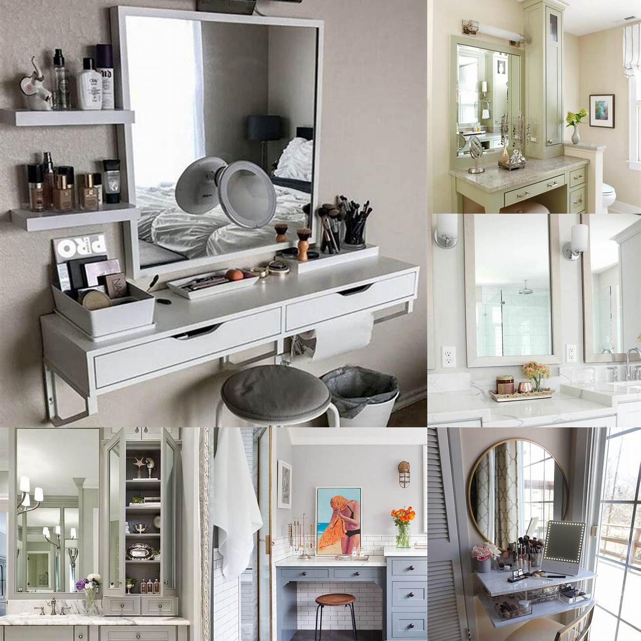 A minimalist bathroom vanity with makeup station and a small mirror