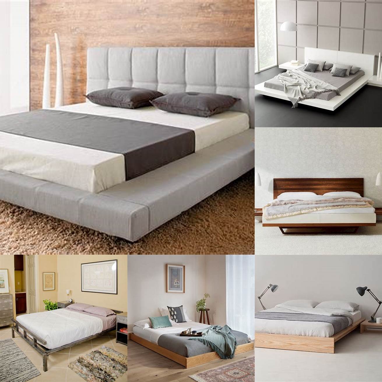 A minimalist platform bed with a low profile and clean lines