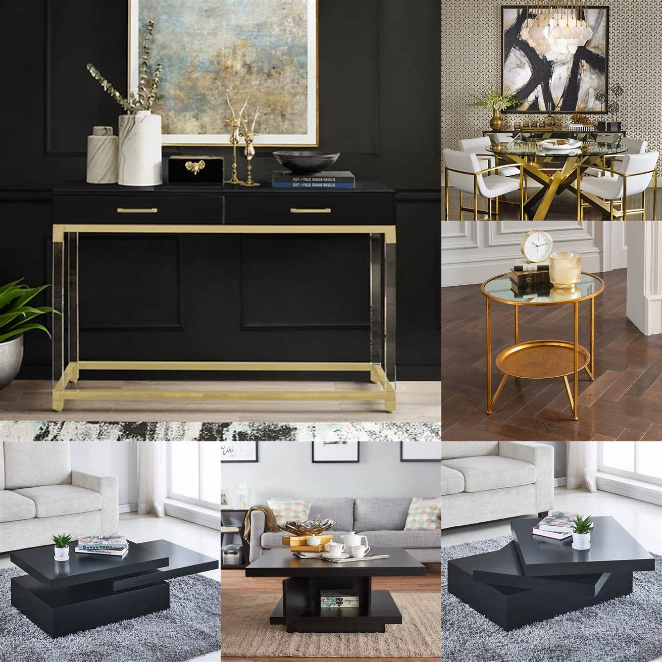 A modern black square table with gold accents